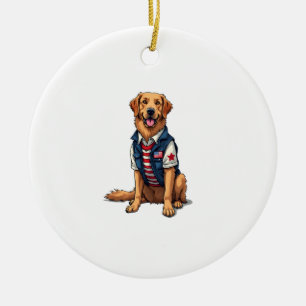 Patriotic Service Dog Golden Retriever Shirt 4 Ceramic Tree Decoration