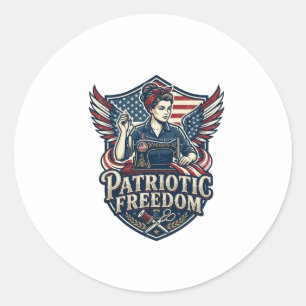 Patriotic Sewing Mum Vector Graphic Tee_1 Classic Round Sticker