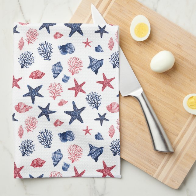 Patriotic Shells & Coral Summer Tea Towel (Quarter Fold)