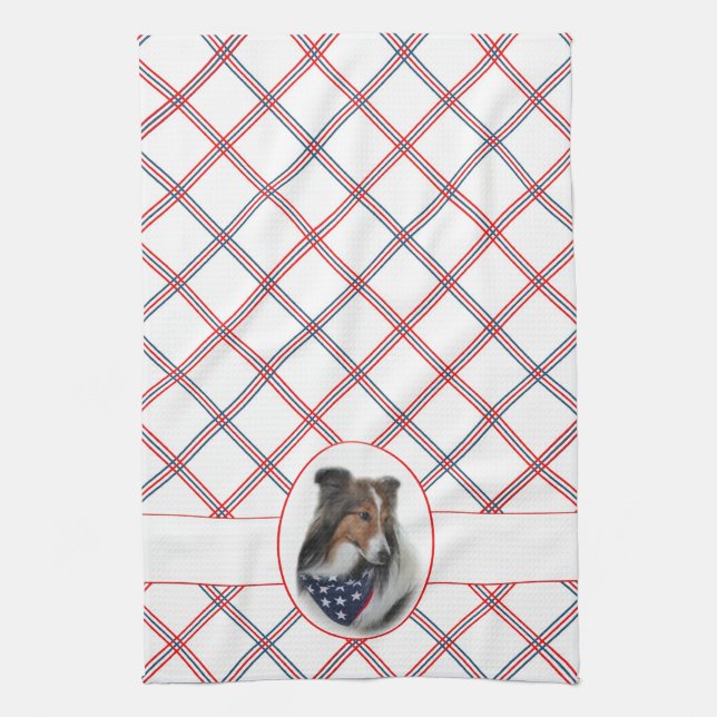 Patriotic Sheltie Kitchen Towel (Vertical)