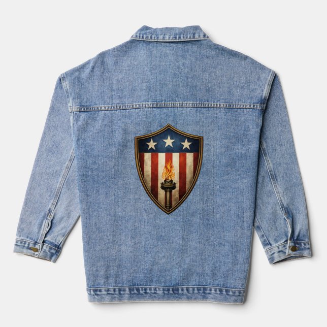 Patriotic Shield Torch American Liberty Flame Denim Jacket (Back)