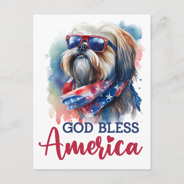 Patriotic Shih tzu, God Bless America Postcard (Front)
