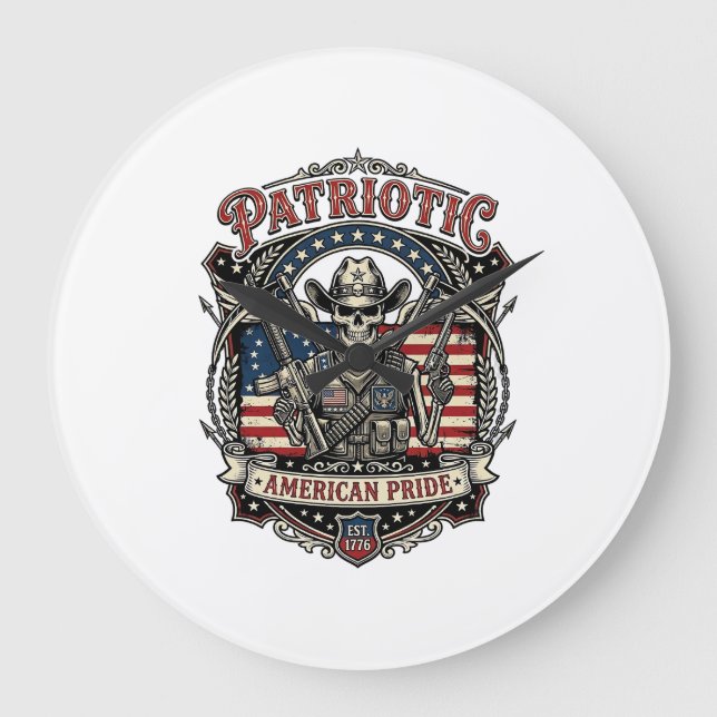 Patriotic Skeleton Cowboy Dark Patriot Skeleton &  Large Clock (Front)