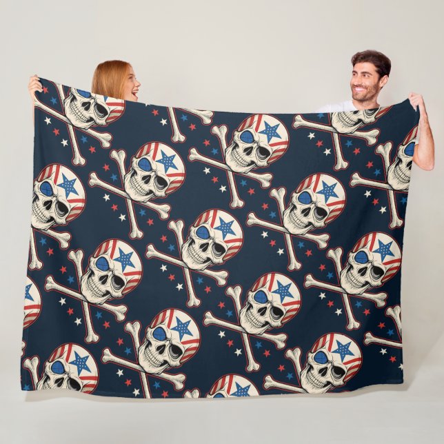Patriotic Skull and Crossbones American Flag Fleece Blanket (In Situ)
