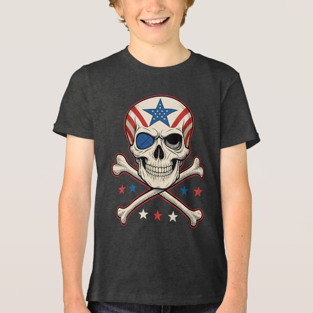Patriotic Skull and Crossbones American Flag Tri-Blend Shirt (Front)