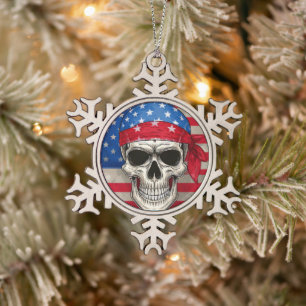 Patriotic Skull Snowflake Framed Ornament