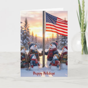 Patriotic Snowman Family With American Flag Card