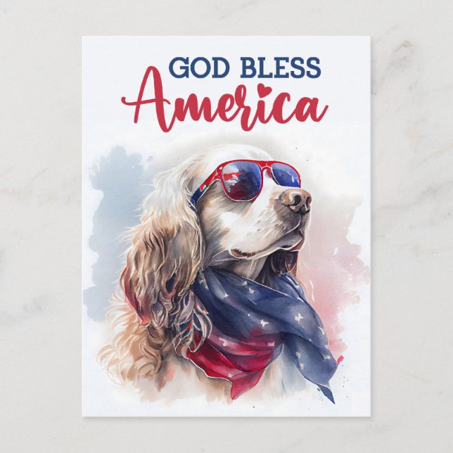 Patriotic Spaniel Dog, God Bless America Postcard (Front)