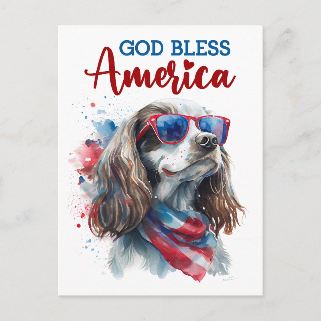 Patriotic Spaniel Dog, God Bless America Postcard (Front)