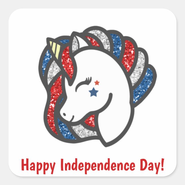 Patriotic Sparkly Red, White and Blue Unicorn Square Sticker (Front)