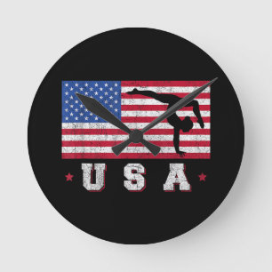 Patriotic Sports Gift American USA Flag Girls Gymn Round Clock
