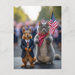 Patriotic Squirrel and Cat Holiday Postcard