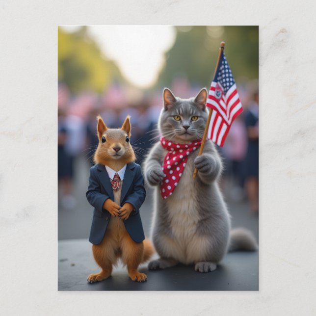Patriotic Squirrel and Cat Holiday Postcard (Front)