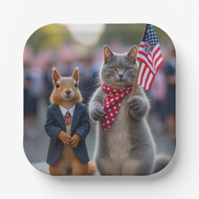 Patriotic Squirrel and Cat Paper Plate (Front)