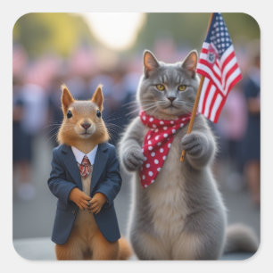 Patriotic Squirrel and Cat Square Sticker