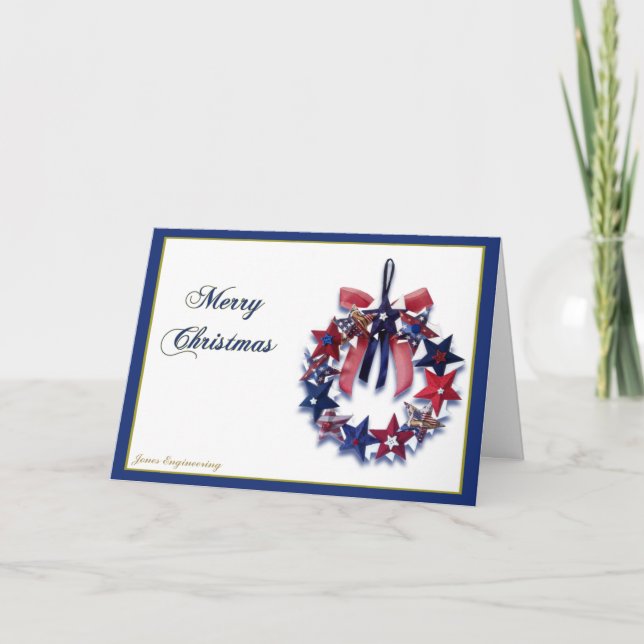 Patriotic Star Wreath Merry Christmas Greeting Holiday Card (Front)