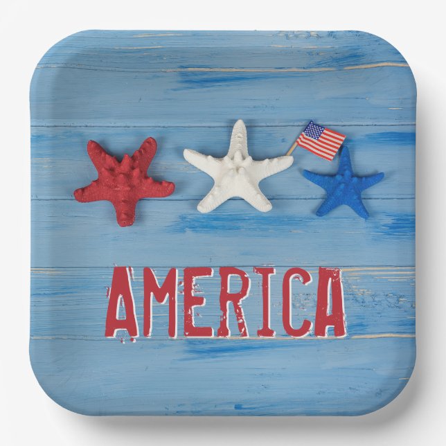 Patriotic Starfish With American Flag Paper Plate (Front)