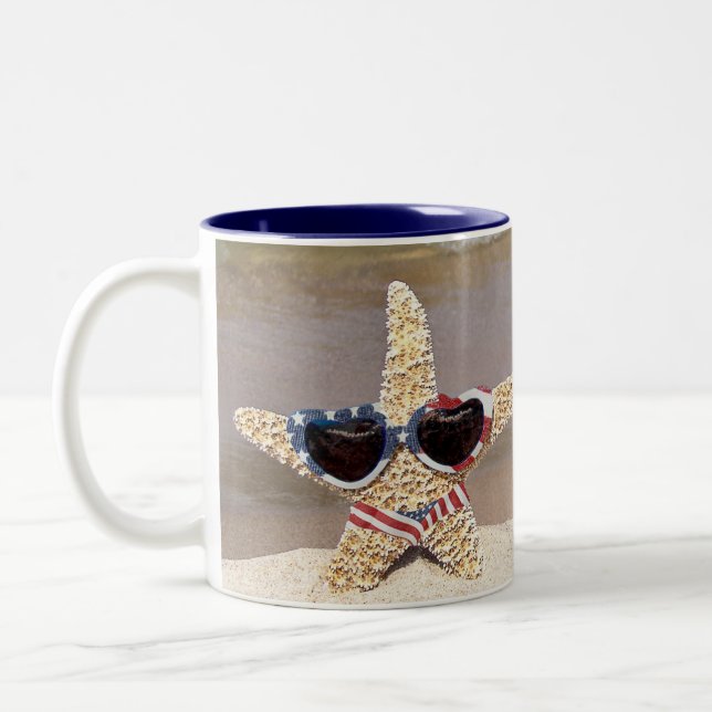 Patriotic Starfish with flag Two-Tone Coffee Mug (Left)