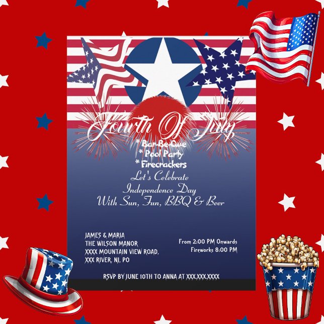 Patriotic Stars 4th July Firecrackers BBQ Party  Invitation (Patriotic Stars 4th July Firecrackers BBQ Party Invitation)