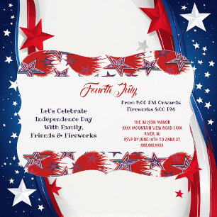  Patriotic Stars 4th July Fireworks Party Red Blue Invitation