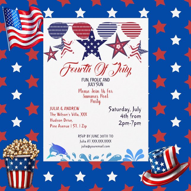  Patriotic Stars 4th July Sunglasses Pool Party  Invitation (Patriotic Stars 4th July Sunglasses Pool Party Invitation)