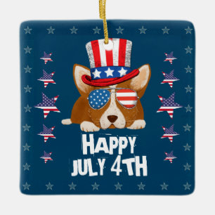 Patriotic Stars and Stripes Hat and Glasses Corgi Ceramic Ornament