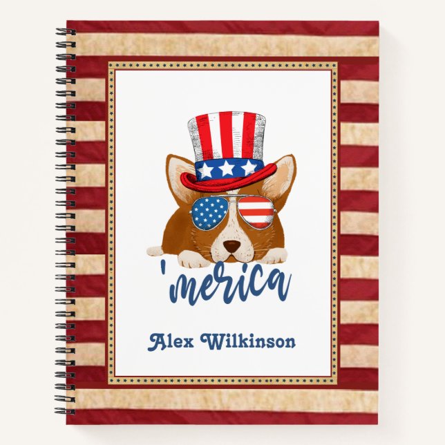 Patriotic Stars and Stripes Hat and Glasses Corgi Notebook (Front)