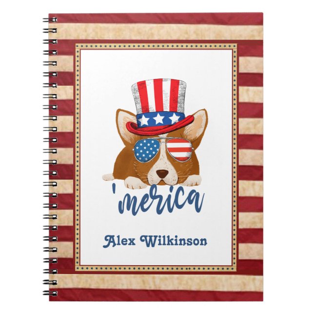 Patriotic Stars and Stripes Hat and Glasses Corgi Notebook (Front)