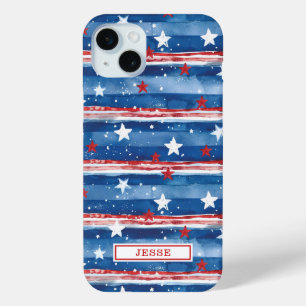 Patriotic Stars and Stripes Monogrammed iPhone 15 Mini Case