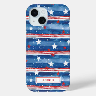 Patriotic Stars and Stripes Monogrammed iPhone 15 Case