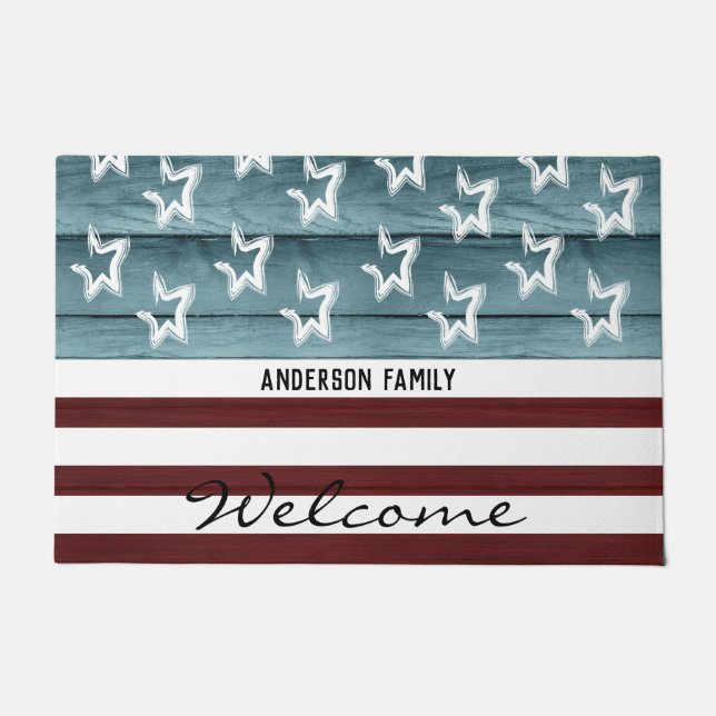 Patriotic Stars and Stripes Rustic Wood Doormat (Front)