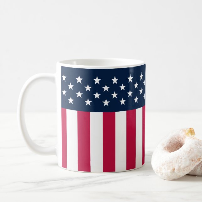 Patriotic Stars n Stripes Red White Blue Coffee Mug (With Donut)