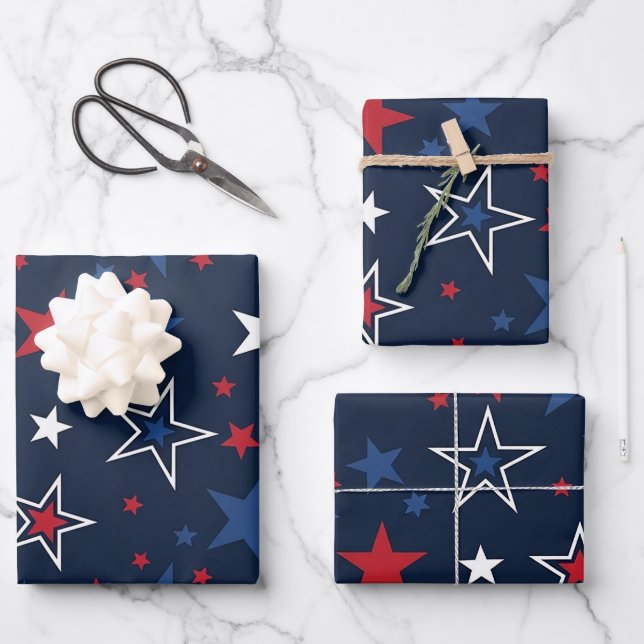 Patriotic  Stars on Navy Blue Seamless Pattern Wrapping Paper Sheet (Front)
