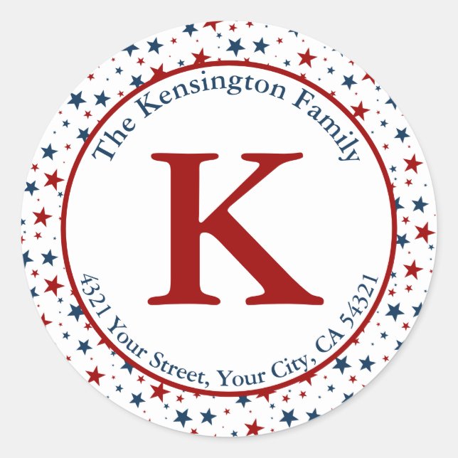 Patriotic Stars Pattern Monogram Family Address Classic Round Sticker (Front)