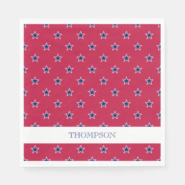 Patriotic Stars Red White Blue NAME July 4 Bar Napkin (Front)
