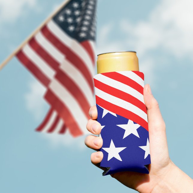 Patriotic Stars Stripes Red White Blue Can Cooler (Show your patriotism and celebrate Independence Day in style with this red, white, and blue seltzer )