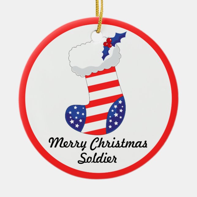 Patriotic Stocking - Merry Christmas Soldier Ceramic Tree Decoration (Front)