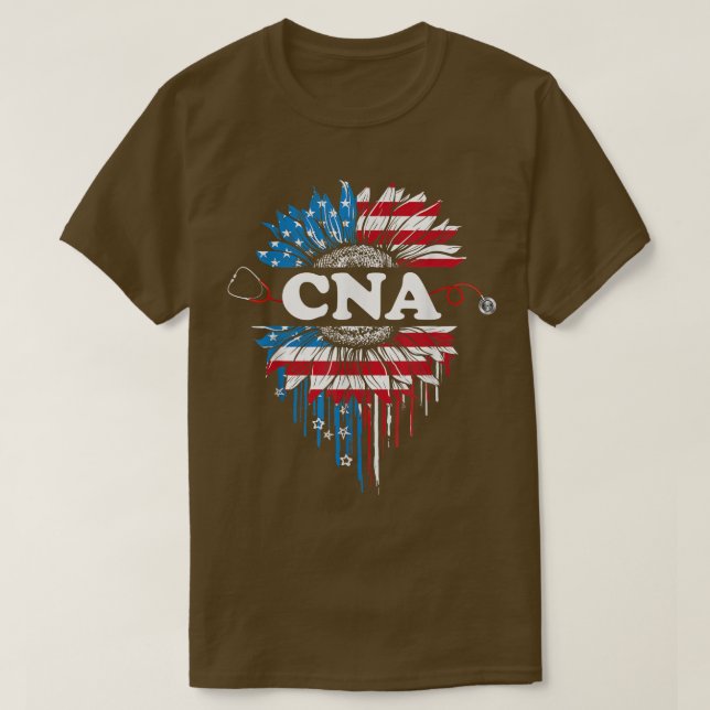 Patriotic Sunflower USA Flag CNA Stethoscope 4th O T-Shirt (Design Front)