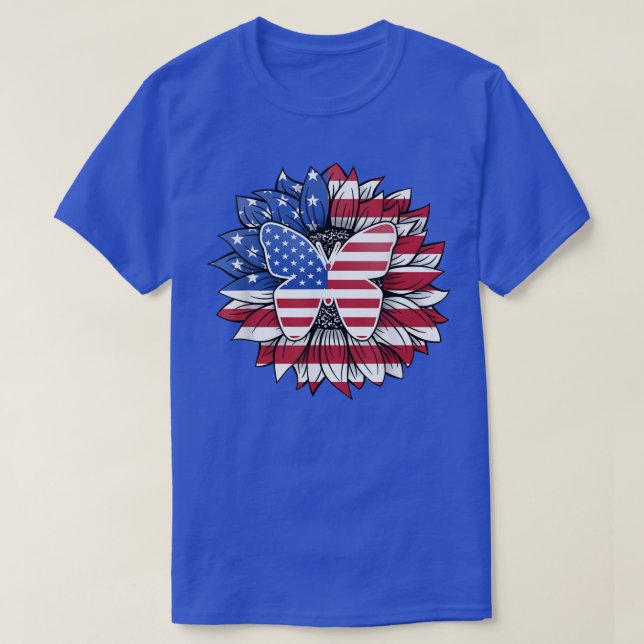 Patriotic Sunflower With Butterfly USA Flag 4th Of T-Shirt (Design Front)