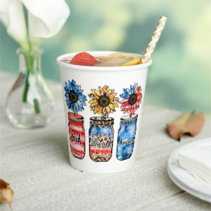 Patriotic Sunflowers in Jars God Blessed America Paper Cups