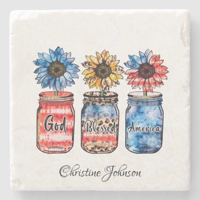 Patriotic Sunflowers in Jars | God Blessed America Stone Coaster (Front)