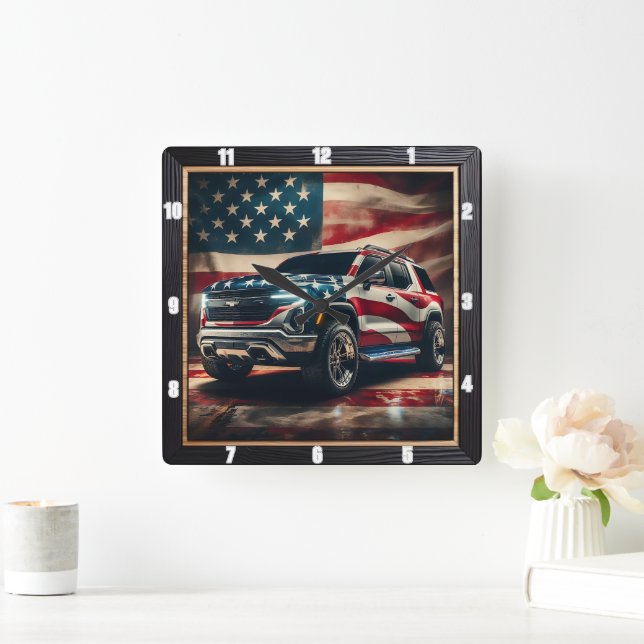 Patriotic SUV American Flag Square Wall Clock (Home)