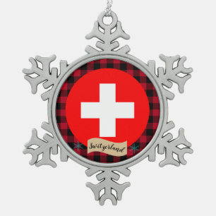 Patriotic Switzerland, buffalo plaid, Swiss Flag Snowflake Pewter Christmas Ornament