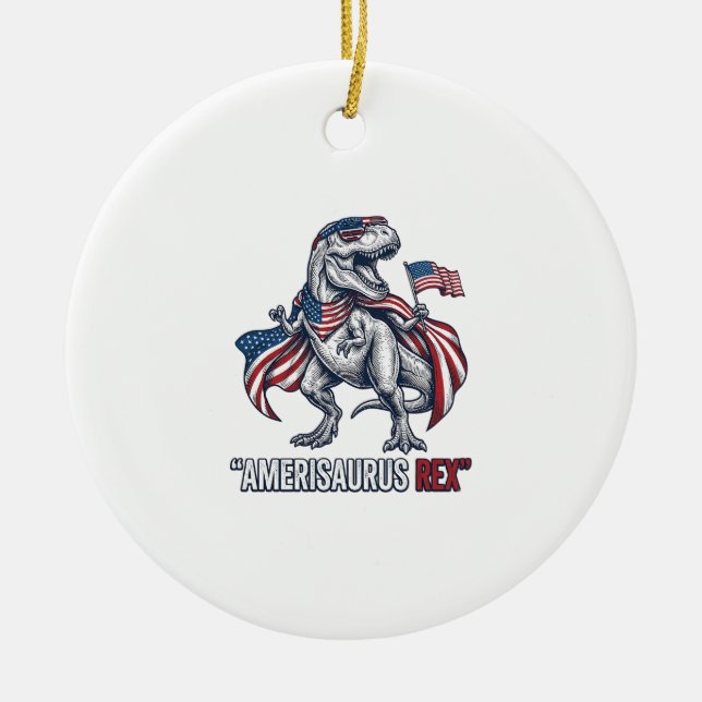 Patriotic T-Rex Amerisaurus Rex White Shirt Design Ceramic Tree Decoration (Front)