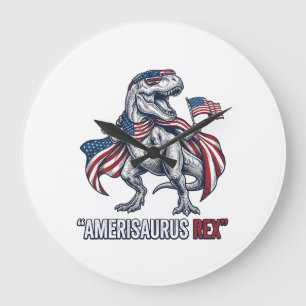 Patriotic T-Rex Amerisaurus Rex White Shirt Design Large Clock