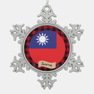 Patriotic Taiwan, buffalo plaid, Taiwanese Flag Snowflake Pewter Christmas Ornament