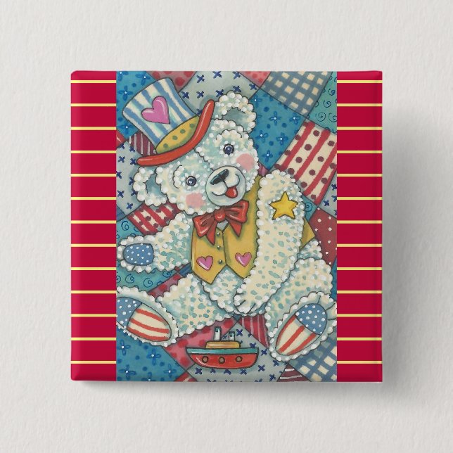 PATRIOTIC TEDDY BEAR & PATCHWORK BUTTON Square (Front)