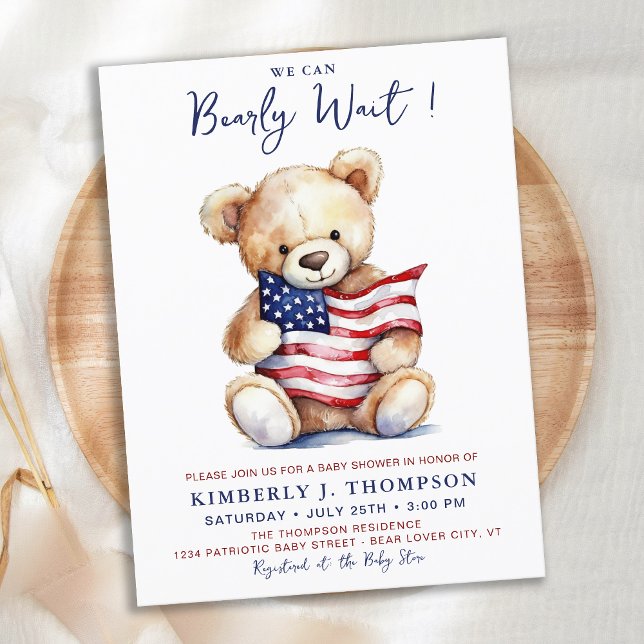 Patriotic Teddy Bear Red White Blue Baby Shower Invitation Postcard (Creator Uploaded)