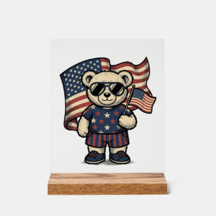 Patriotic Teddy Bear Vintage Engraving Shirt Desig Acrylic Sign