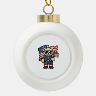 Patriotic Teddy Bear Vintage Engraving Shirt Desig Ceramic Ball Christmas Ornament